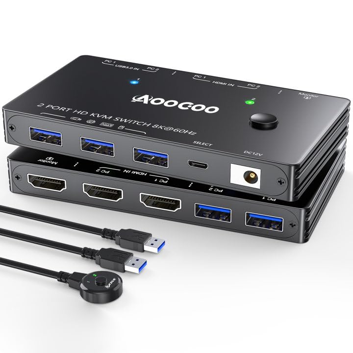 AOOCOO HDMI2.1 KVM Switch 8K@60Hz, Single Monitor KVM Switch for 2 PC Sharing 1 Monitor with USB 3.0 Port,Wired Remote,USB3.0 Cables Included - Image 1